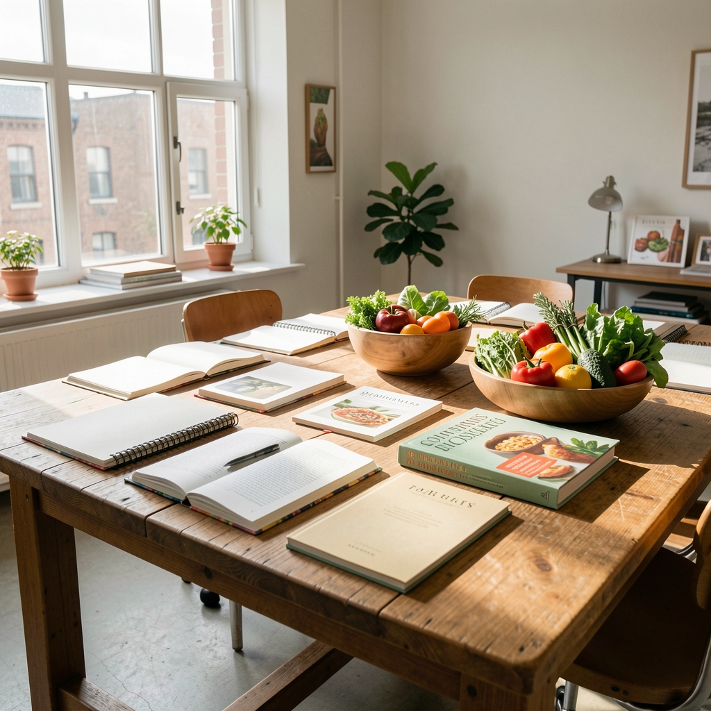 Wide view of a sunlit editorial workspace with a large wooden table covered in open notebooks, seasonal food reference books, and a bowl of fresh market vegetables