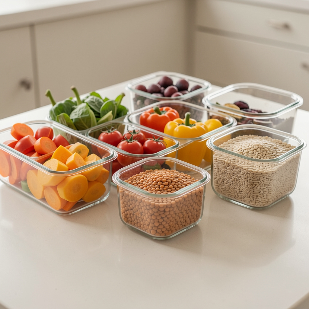 Close-up of a well-organised meal prep station with colourful seasonal vegetables, lentils, and grains in separate glass containers on a pale kitchen counter
