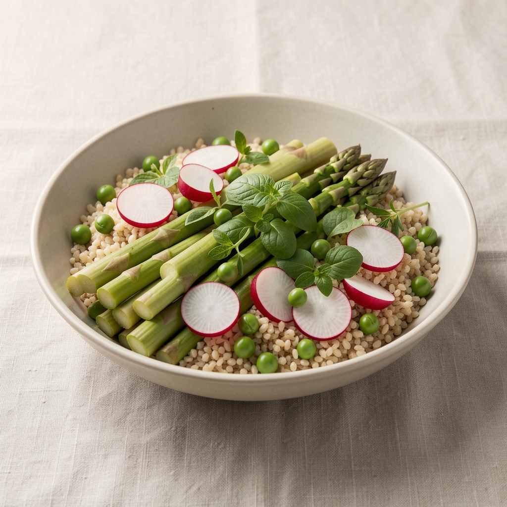 A wide flat bowl of spring vegetables including asparagus spears, halved radishes, peas and soft herbs arranged elegantly over a bed of light grains on a pale linen surface
