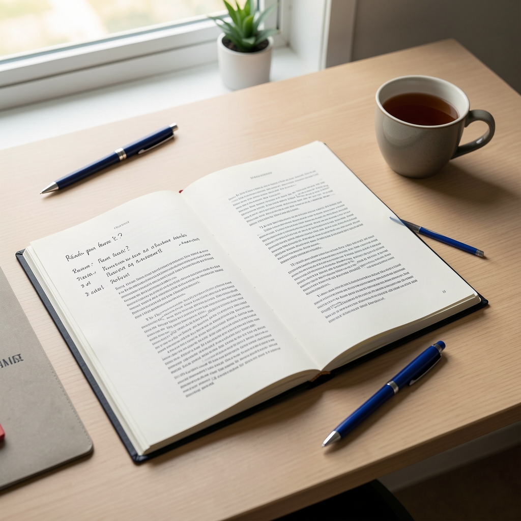 Open editorial reference folder on a light desk surface with handwritten review notes, printed article drafts, and a blue pen beside a cup of tea in quiet workspace lighting